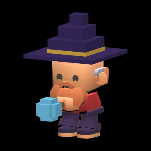 El Filo: un héroe de cubos con sombrero de mago morado, barba pelirroja y capa roja.