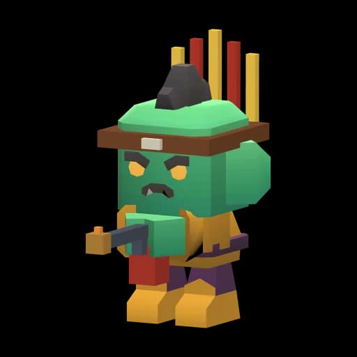 El Heraldo: un héroe de cubos con la cara verde, sombrero con plumas rojas y amarillas y botas doradas.